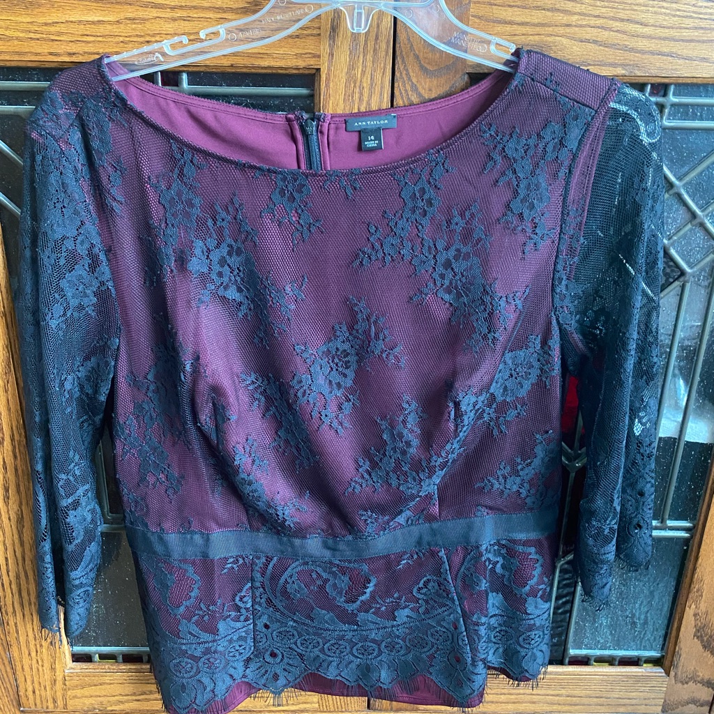 Ann Taylor Lace Blouse, Black Lace Over Rich Purple Shell. Size 14